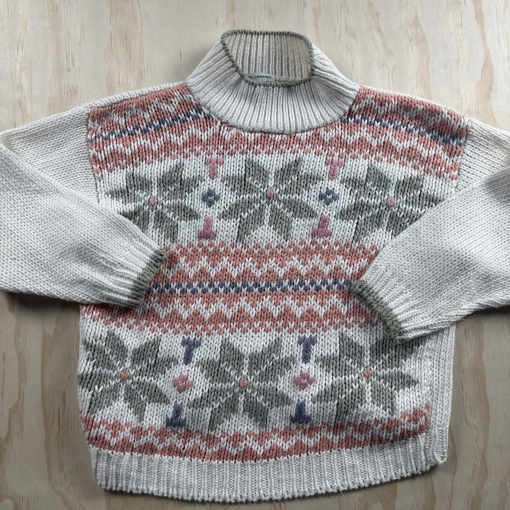 Vintage Currants Sweater Womens Large White Fair Isle Turtleneck Hand Loomed